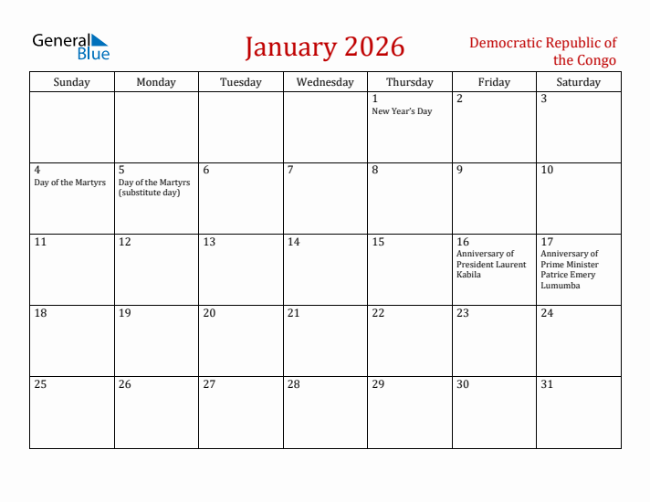Democratic Republic of the Congo January 2026 Calendar - Sunday Start