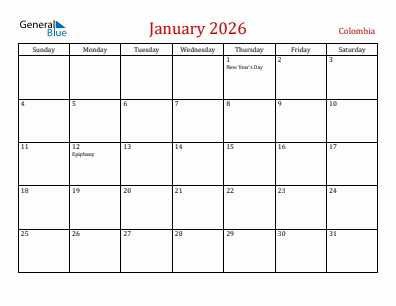 Current month calendar with Colombia holidays for January 2026