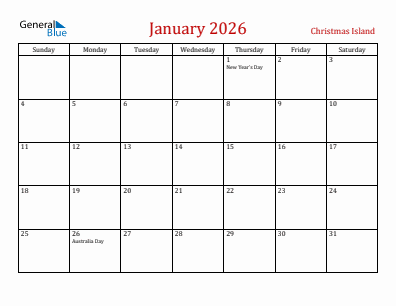 Current month calendar with Christmas Island holidays for January 2026