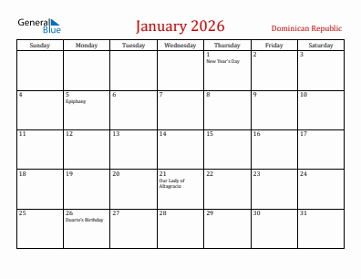 Current month calendar with Dominican Republic holidays for January 2026