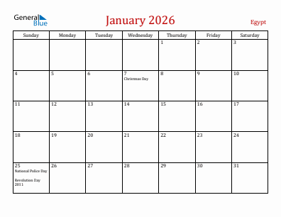 Current month calendar with Egypt holidays for January 2026