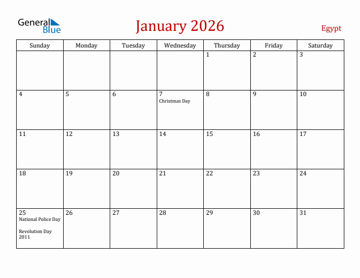 Egypt January 2026 Calendar - Sunday Start