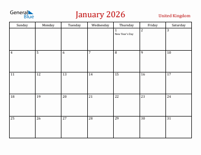 Current month calendar with United Kingdom holidays for January 2026