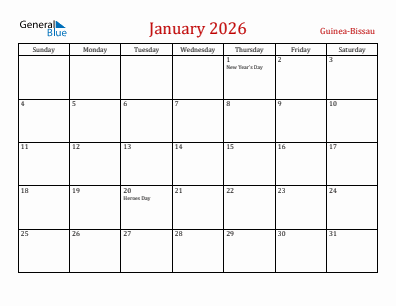 Current month calendar with Guinea-Bissau holidays for January 2026
