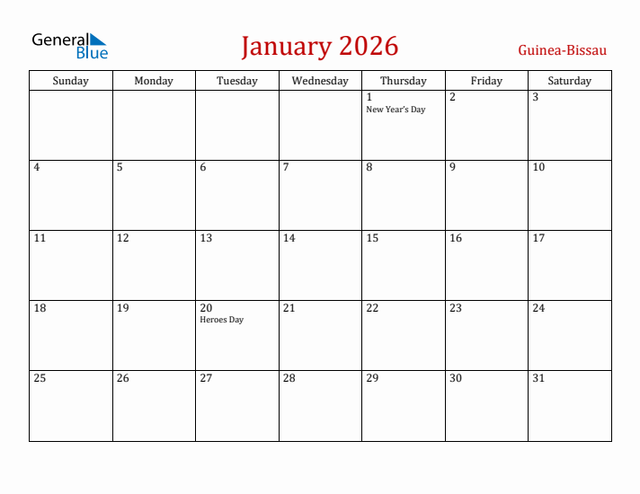 Guinea-Bissau January 2026 Calendar - Sunday Start