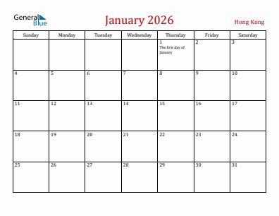 Current month calendar with Hong Kong holidays for January 2026