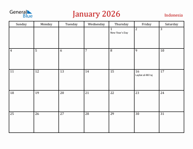 Current month calendar with Indonesia holidays for January 2026