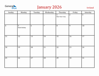 Current month calendar with Ireland holidays for January 2026