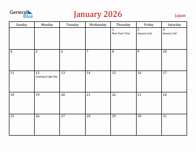 Current month calendar with Japan holidays for January 2026
