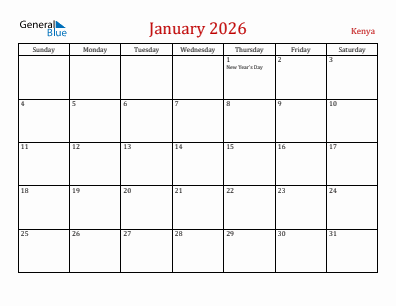 Current month calendar with Kenya holidays for January 2026