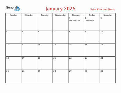 Current month calendar with Saint Kitts and Nevis holidays for January 2026