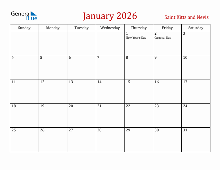 Saint Kitts and Nevis January 2026 Calendar - Sunday Start