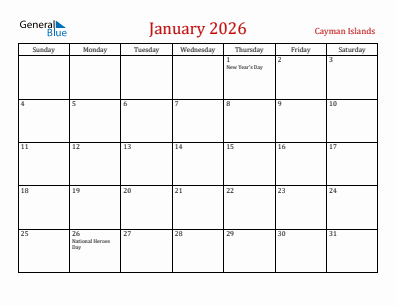 Current month calendar with Cayman Islands holidays for January 2026