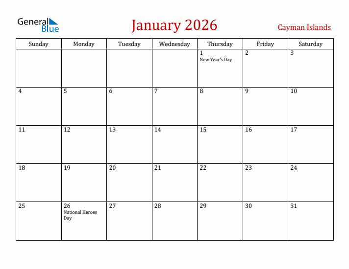 Cayman Islands January 2026 Calendar - Sunday Start