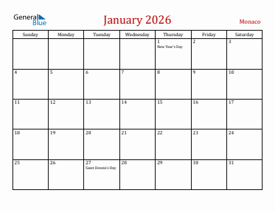 Current month calendar with Monaco holidays for January 2026