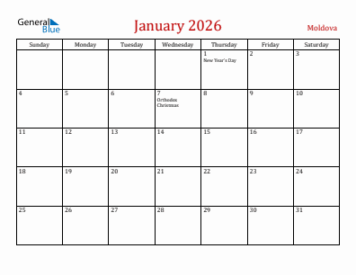 Current month calendar with Moldova holidays for January 2026