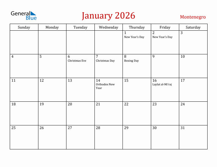Montenegro January 2026 Calendar - Sunday Start