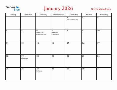 Current month calendar with North Macedonia holidays for January 2026