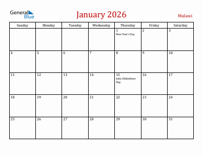 Current month calendar with Malawi holidays for January 2026