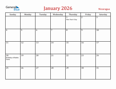 Current month calendar with Nicaragua holidays for January 2026