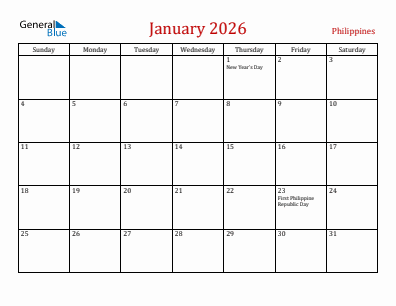 Current month calendar with Philippines holidays for January 2026