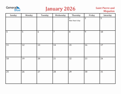 Current month calendar with Saint Pierre and Miquelon holidays for January 2026