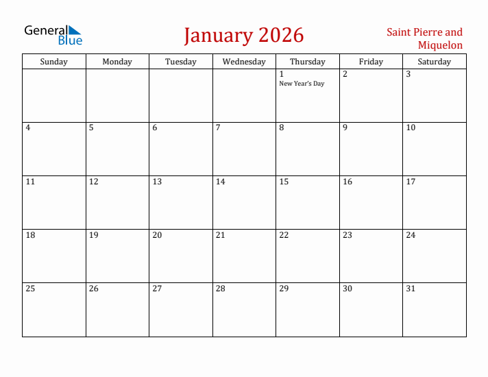 Saint Pierre and Miquelon January 2026 Calendar - Sunday Start