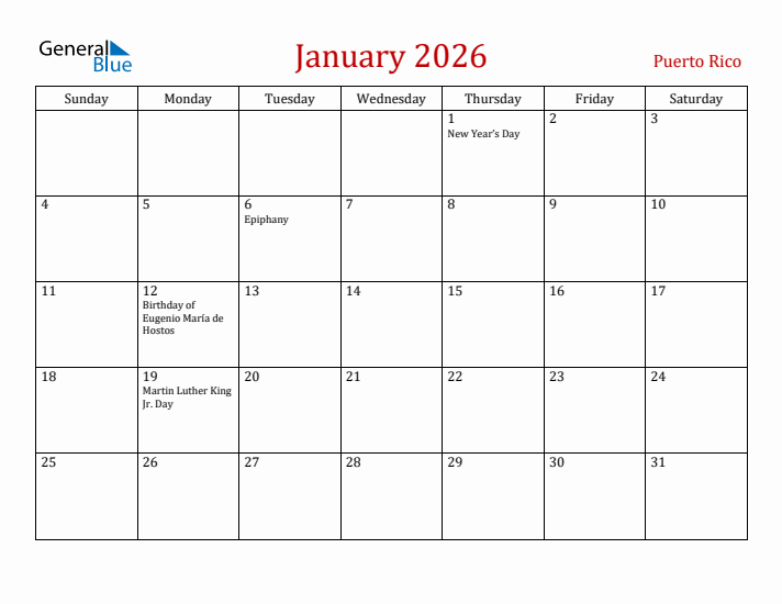 Puerto Rico January 2026 Calendar - Sunday Start