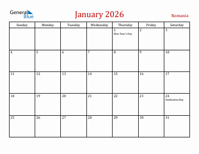 Current month calendar with Romania holidays for January 2026