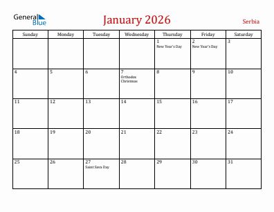 Current month calendar with Serbia holidays for January 2026