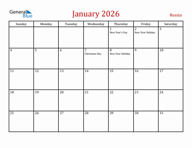 Current month calendar with Russia holidays for January 2026
