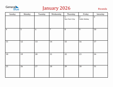 Current month calendar with Rwanda holidays for January 2026
