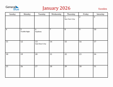 Current month calendar with Sweden holidays for January 2026