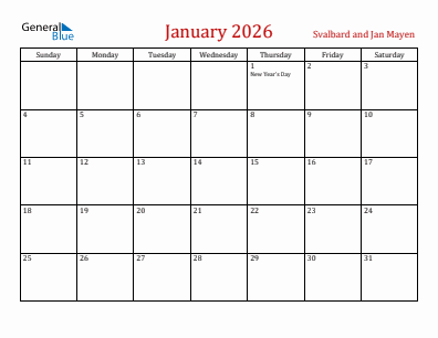 Current month calendar with Svalbard and Jan Mayen holidays for January 2026