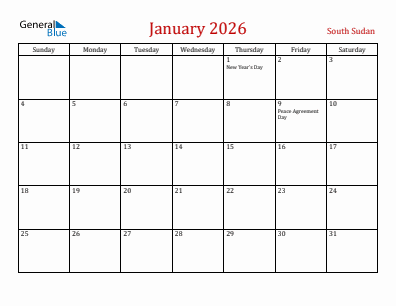 Current month calendar with South Sudan holidays for January 2026