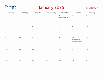 Current month calendar with El Salvador holidays for January 2026