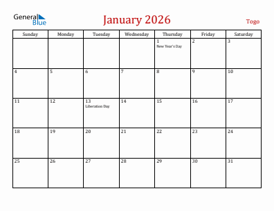 Current month calendar with Togo holidays for January 2026