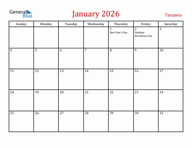 Current month calendar with Tanzania holidays for January 2026