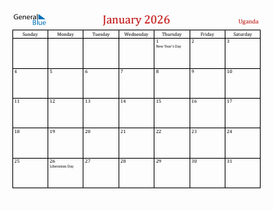 Current month calendar with Uganda holidays for January 2026