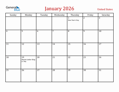 Current month calendar with United States holidays for January 2026