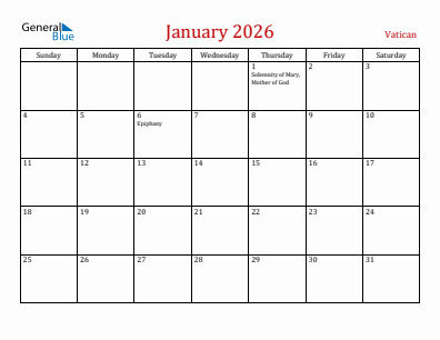 Current month calendar with Vatican holidays for January 2026
