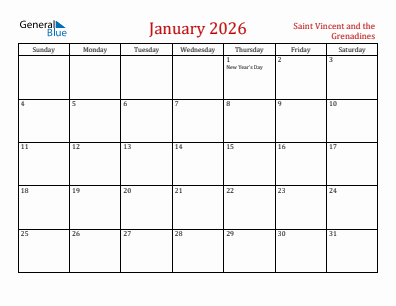 Current month calendar with Saint Vincent and the Grenadines holidays for January 2026