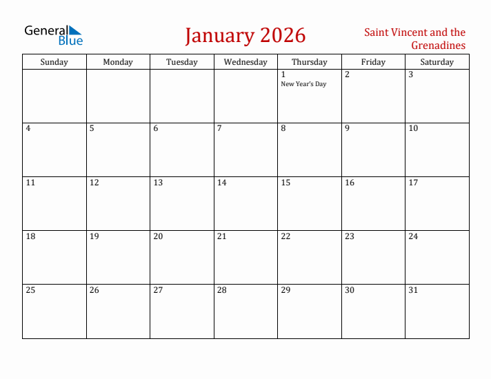 Saint Vincent and the Grenadines January 2026 Calendar - Sunday Start