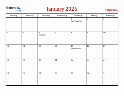 Current month calendar with Venezuela holidays for January 2026