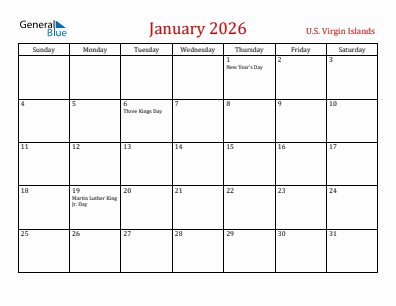 Current month calendar with U.S. Virgin Islands holidays for January 2026