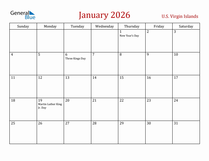 U.S. Virgin Islands January 2026 Calendar - Sunday Start