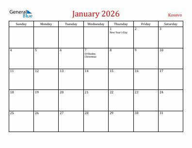 Current month calendar with Kosovo holidays for January 2026