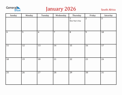 Current month calendar with South Africa holidays for January 2026
