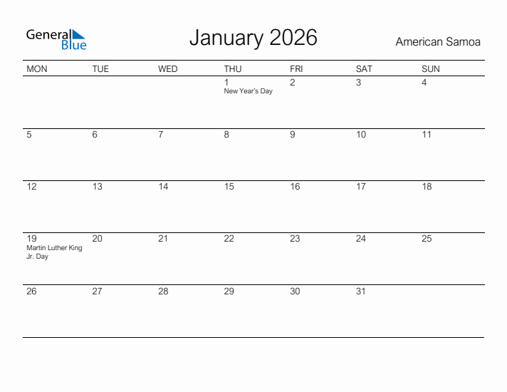 Printable January 2026 Calendar for American Samoa