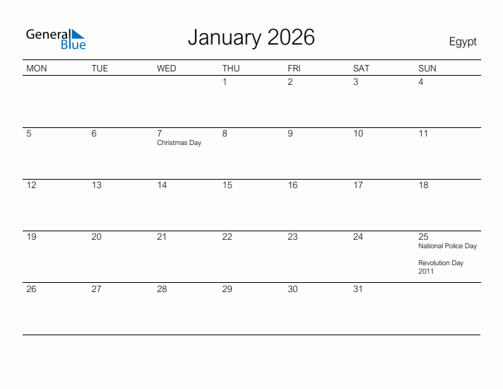 Printable January 2026 Calendar for Egypt